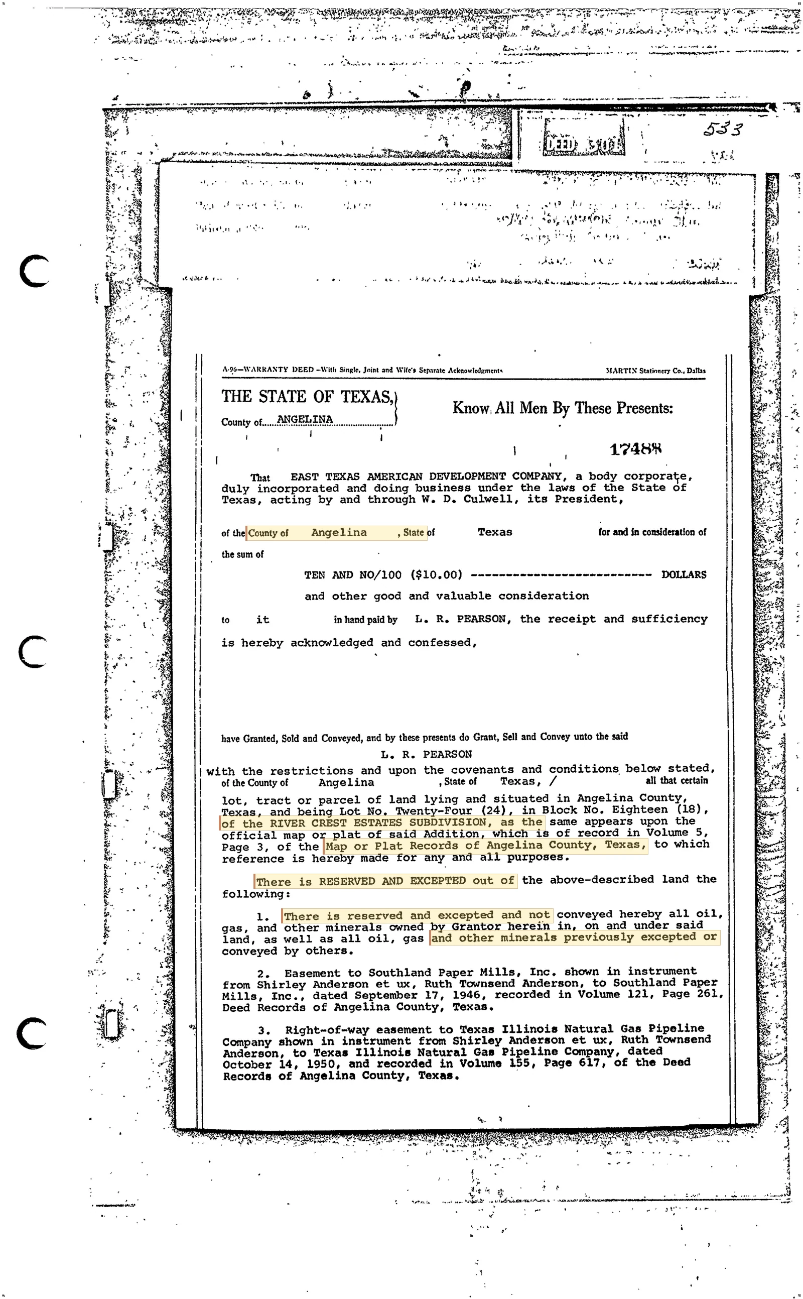 River Crest Estates Subdivision Warranty Deed (Map/Plat Vol. 5, Page 3) - 100% Mineral Reservation